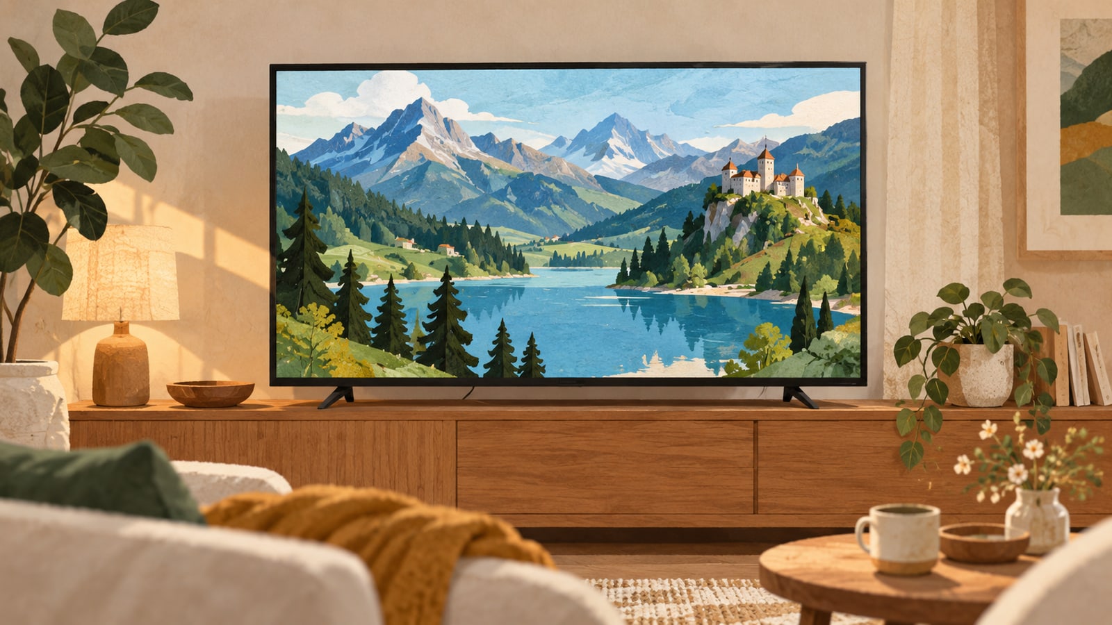 Illustration eines Fernsehers mit einer gemalten Alpenlandschaft aus See, Bergen und einer Burg.
