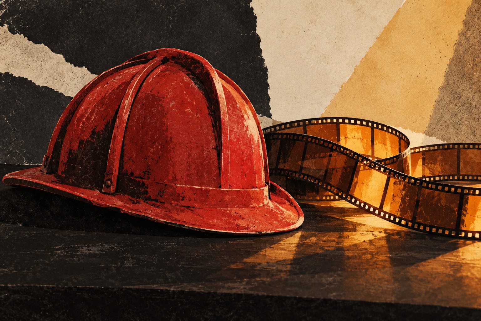Editorial collage illustration of a plain red firefighter helmet beside an amber strip of film.