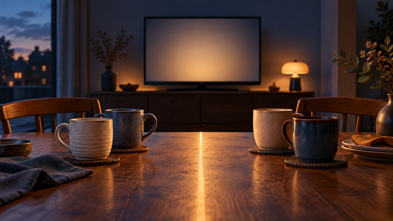 Illustration of two pairs of ceramic cups on a dining table with a blank television screen in the background.