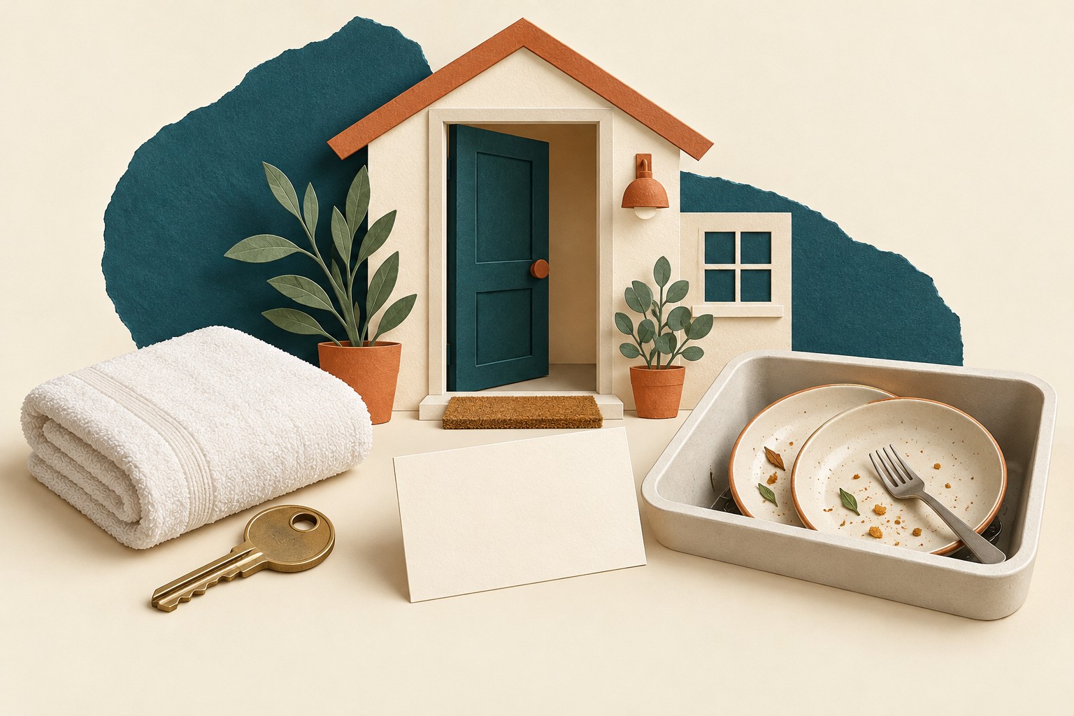 Paper-collage illustration of a house doorway, key, folded towel, blank card and used plates in a tray.