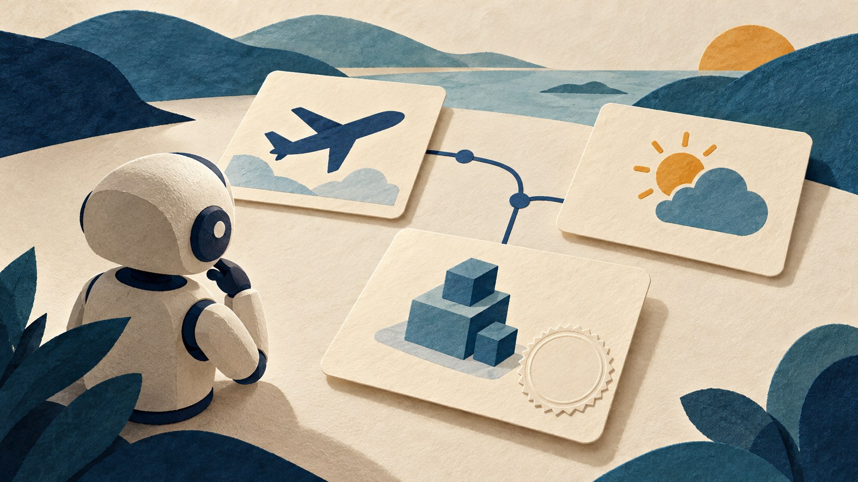 Paper-cut illustration of a small robot beside linked cards showing a plane, weather and data blocks, with a blank embossed seal.