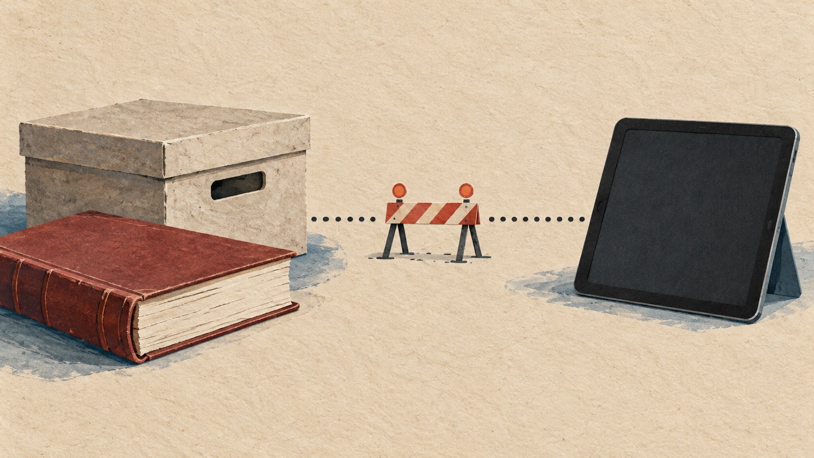 Illustration of a book and archive box linked to a blank tablet by a dotted path interrupted by a repair barrier.