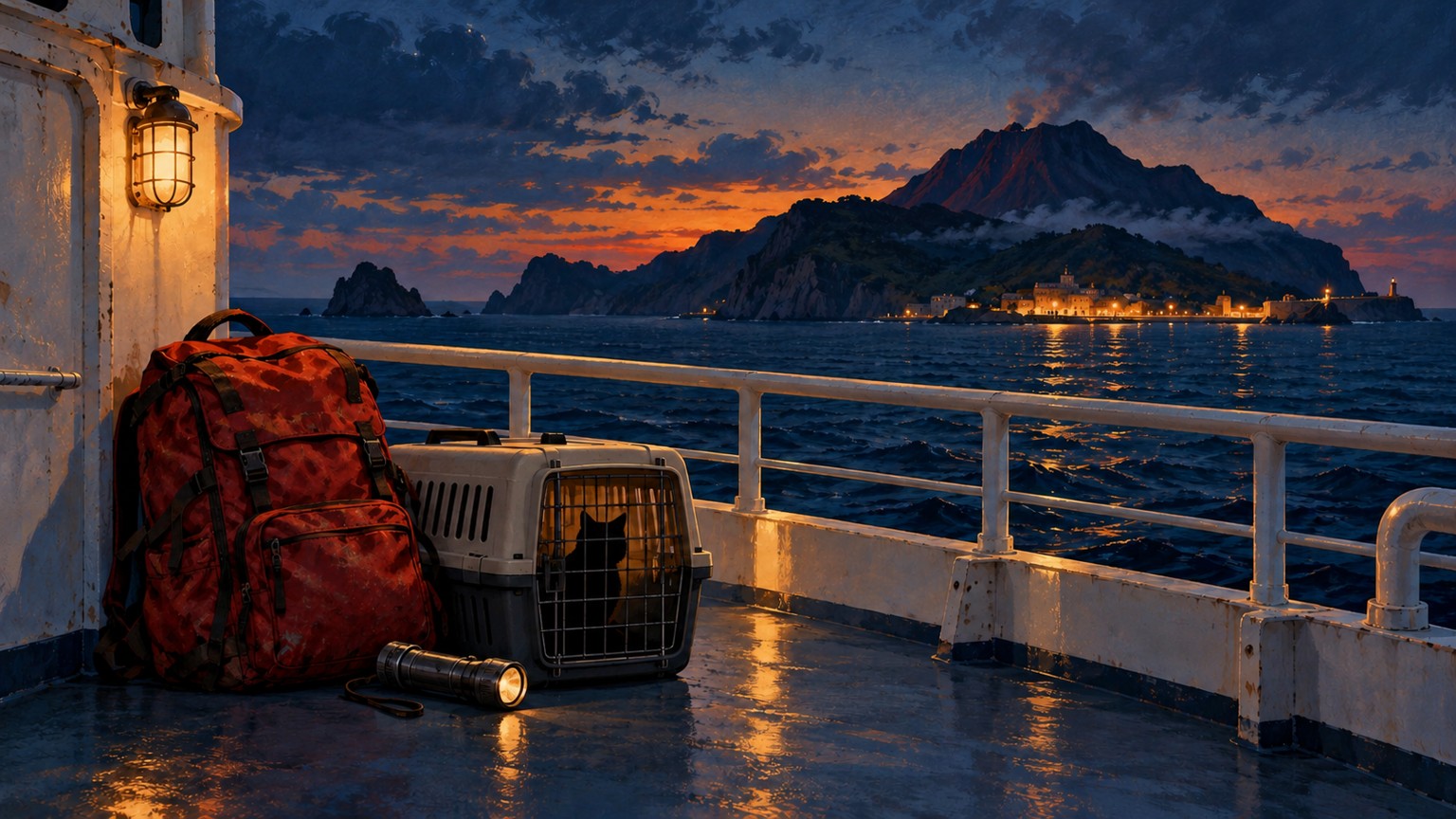 Illustration of a backpack, flashlight and cat carrier on an imagined ferry deck facing a dark island harbor.