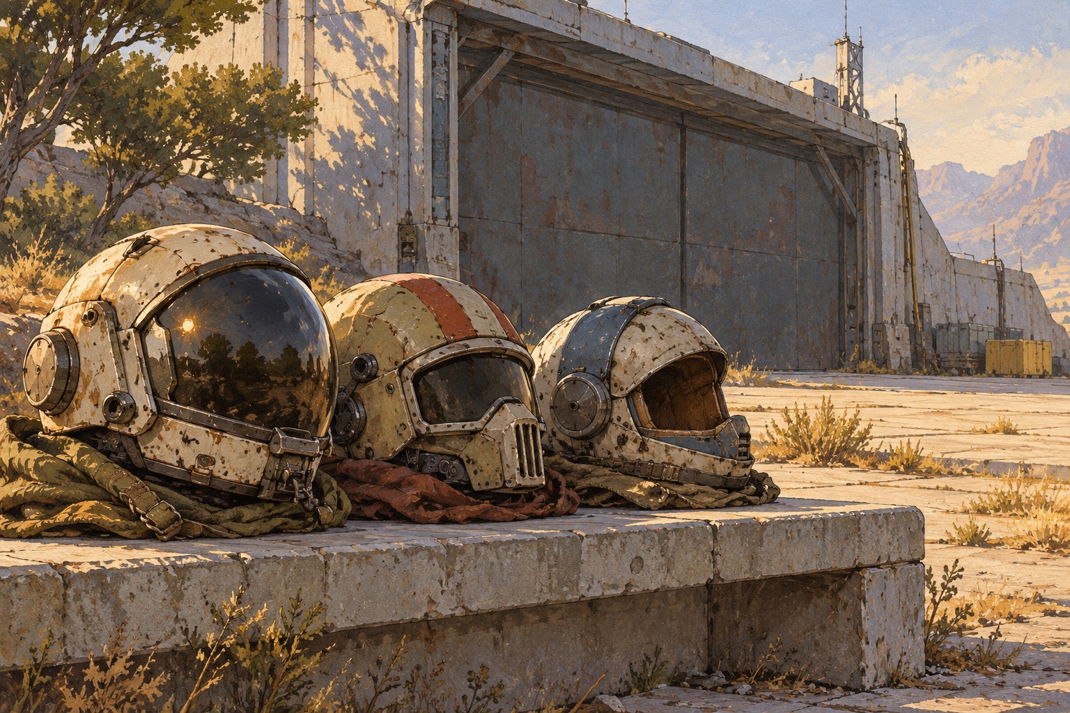 Painted editorial illustration of three worn expedition helmets outside a closed hangar.