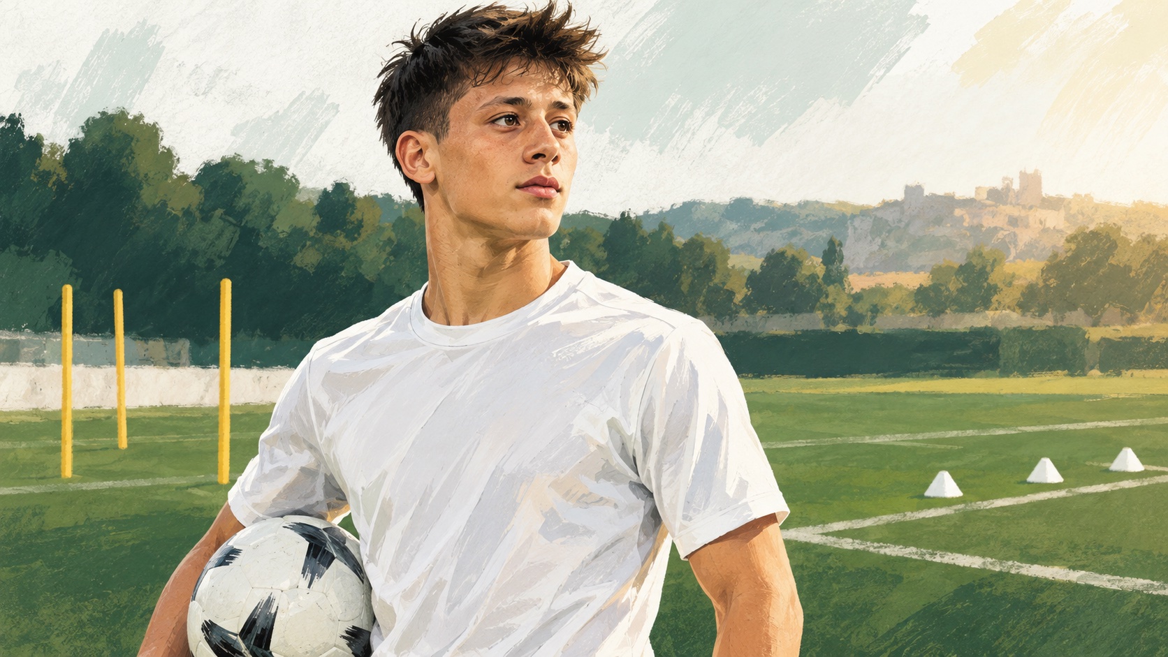 Illustration of Arda Güler in a white shirt with a football on a training pitch.
