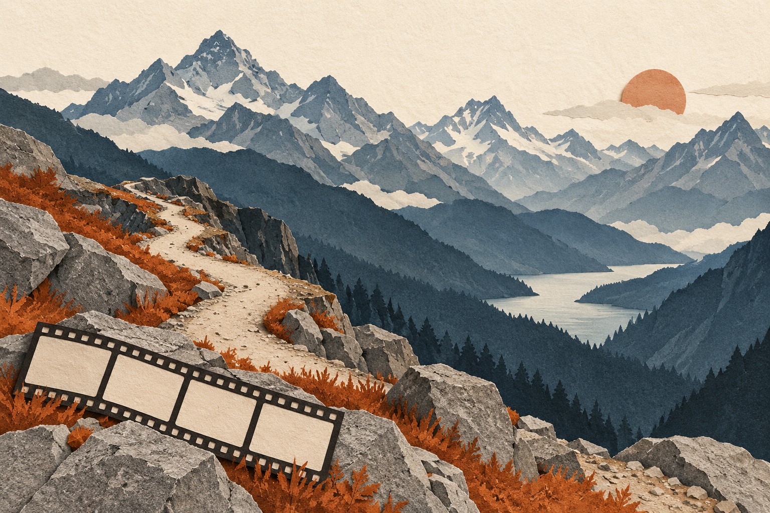 Papiercollage eines leeren Bergpfads zwischen Alpenkulissen mit einem Filmstreifen aus unbeschrifteten Bildern im Vordergrund.