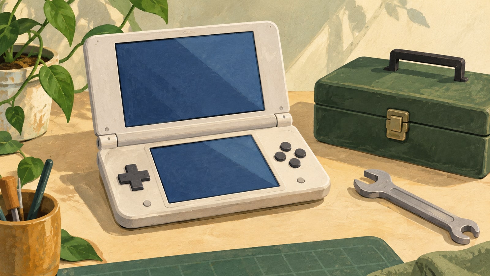 Illustration of an unbranded dual-screen handheld with blank screens beside a toolbox and wrench.