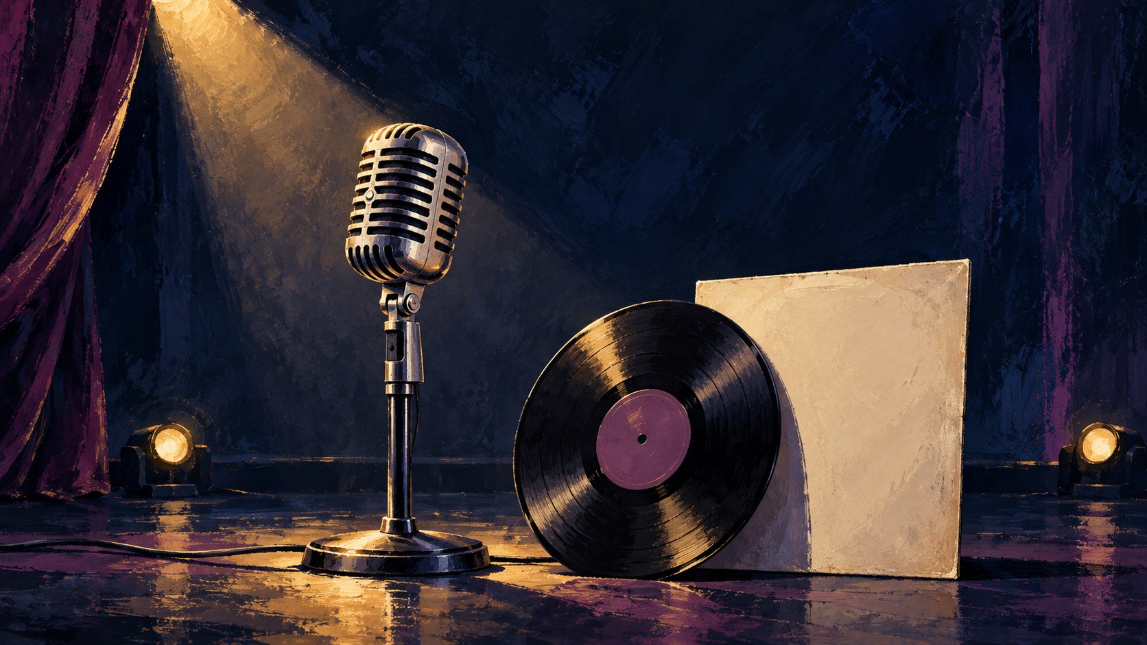 Illustration of a vintage microphone beside a black vinyl record and a plain sleeve on a softly lit stage.