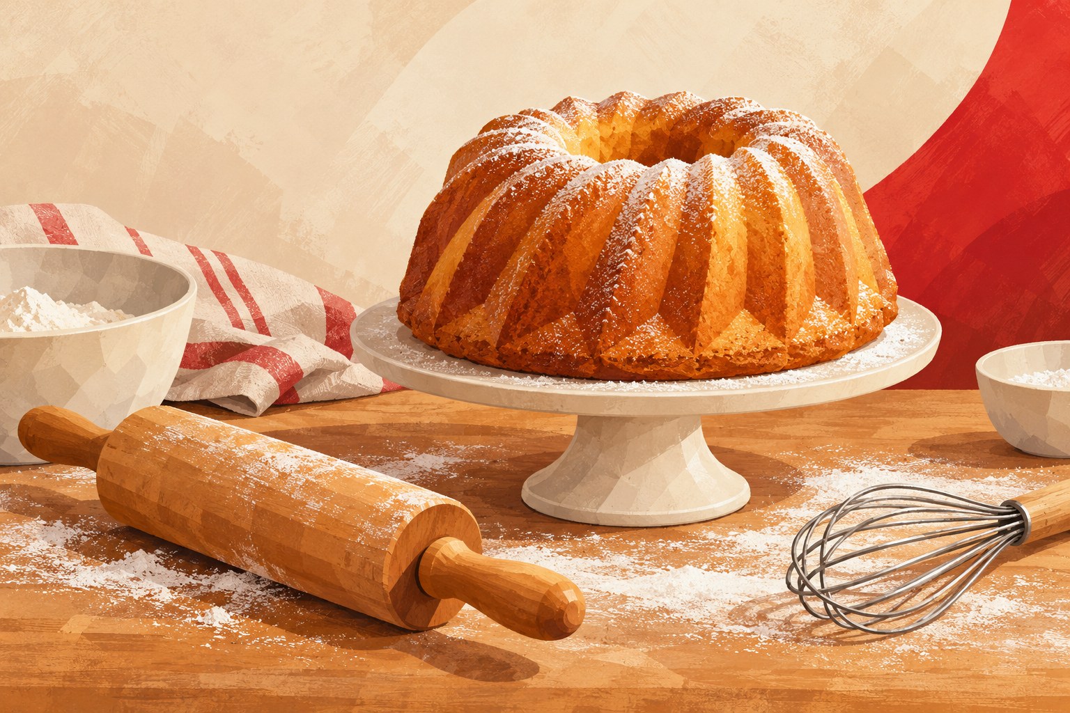 Illustration eines Gugelhupfs auf einem Kuchenständer, daneben liegen ein Nudelholz und ein Schneebesen auf einer bemehlten Arbeitsfläche.