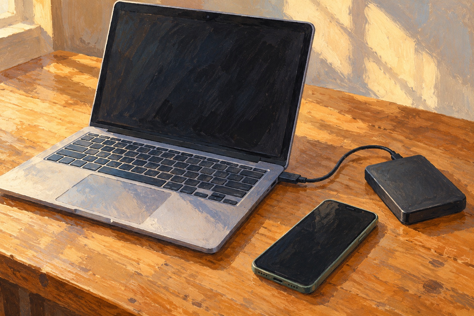 Painted still life of a laptop connected to an external drive, with a phone beside it on a sunlit wooden desk.