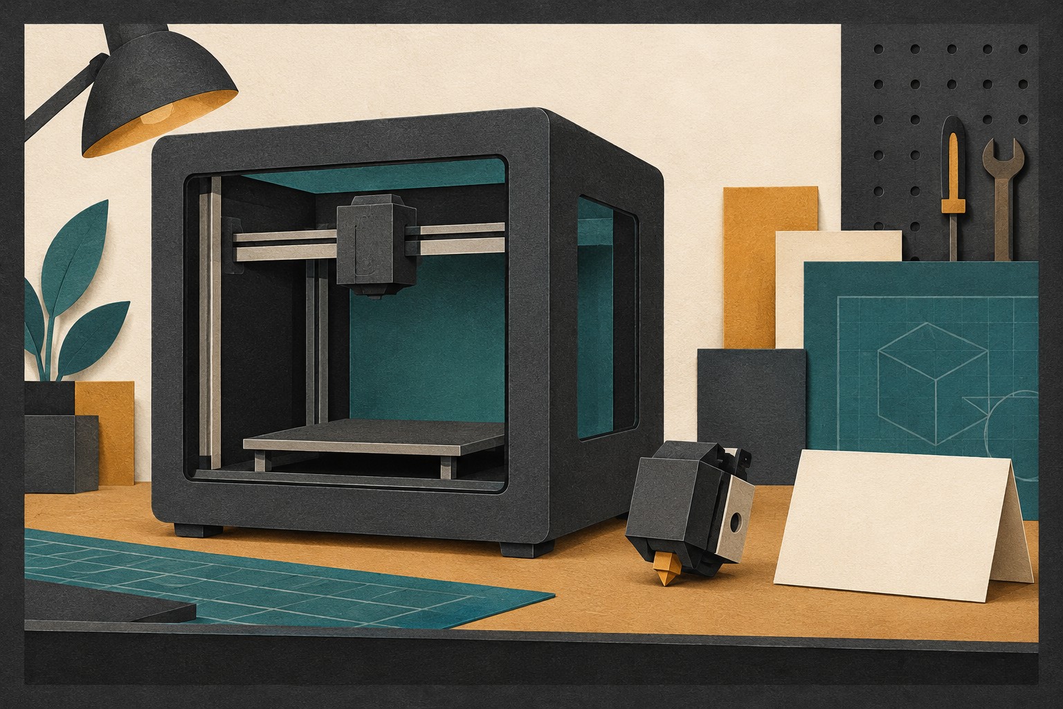 Paper-collage illustration of a generic enclosed 3D printer, a detached print head and a blank folded card on a workbench.