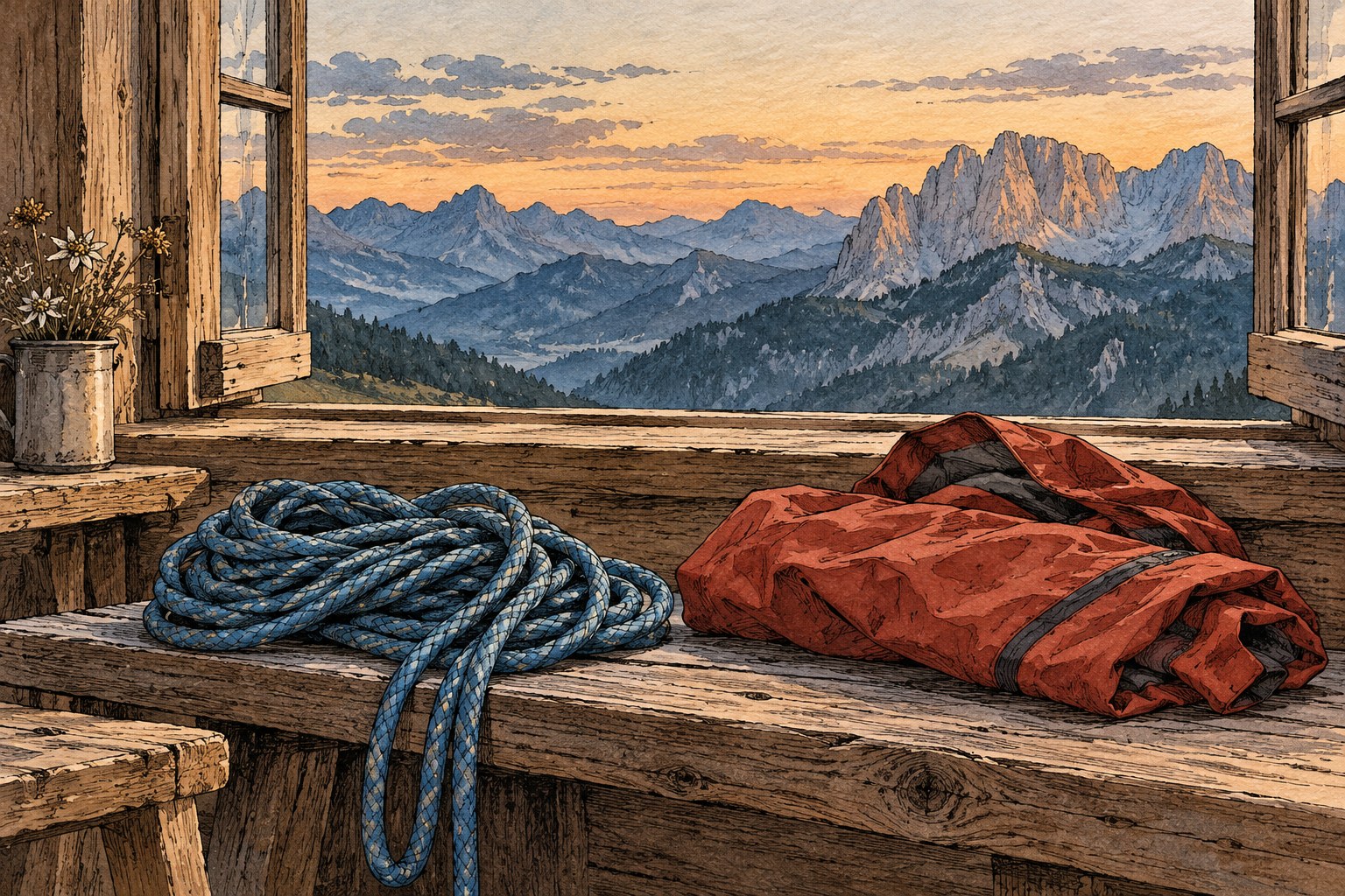 Illustration eines Kletterseils und einer roten Jacke auf einer Holzbank in einer Berghütte mit Blick auf die Alpen.