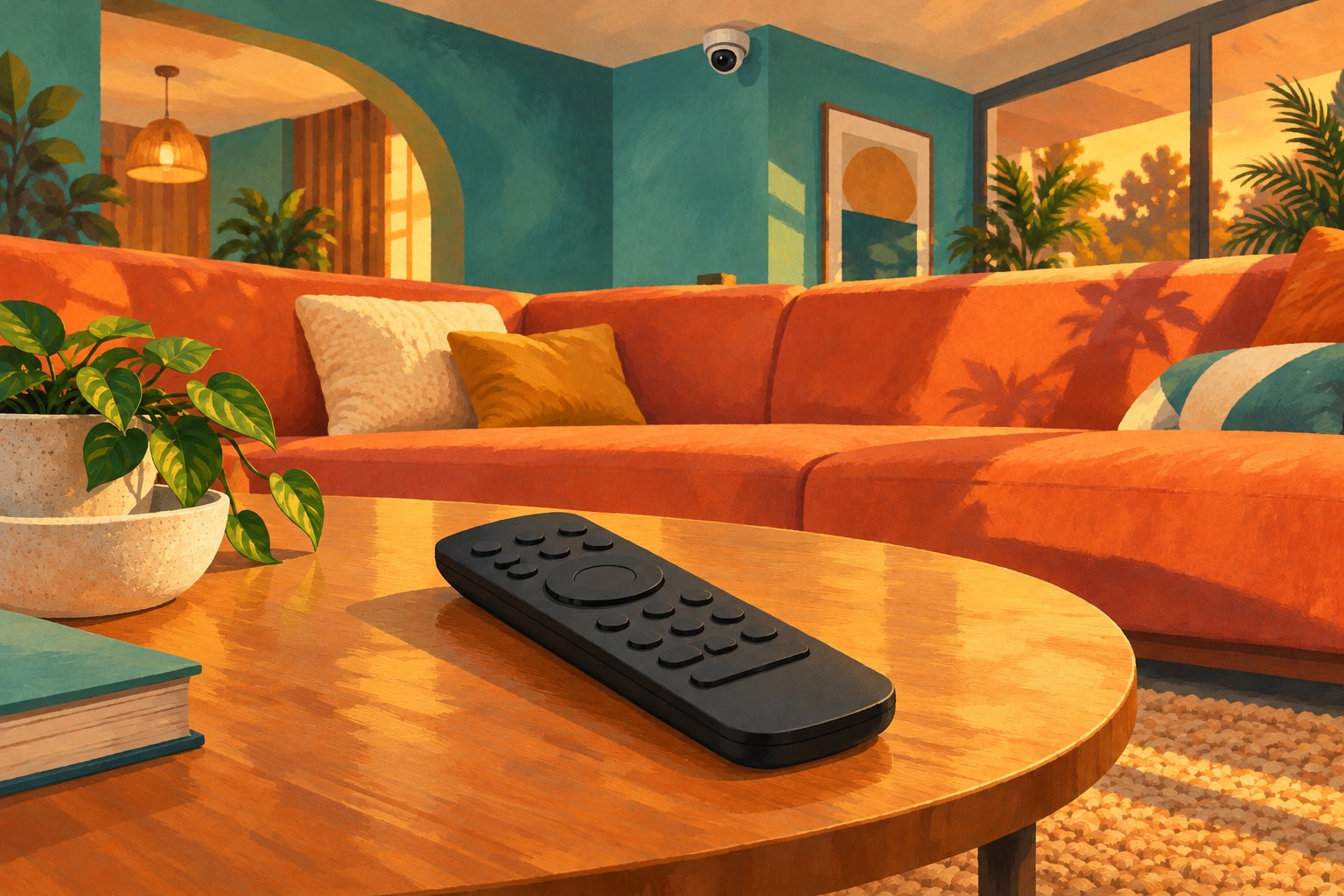 Illustration of a blank television remote on a coffee table in an orange-and-teal living room, with a ceiling camera.