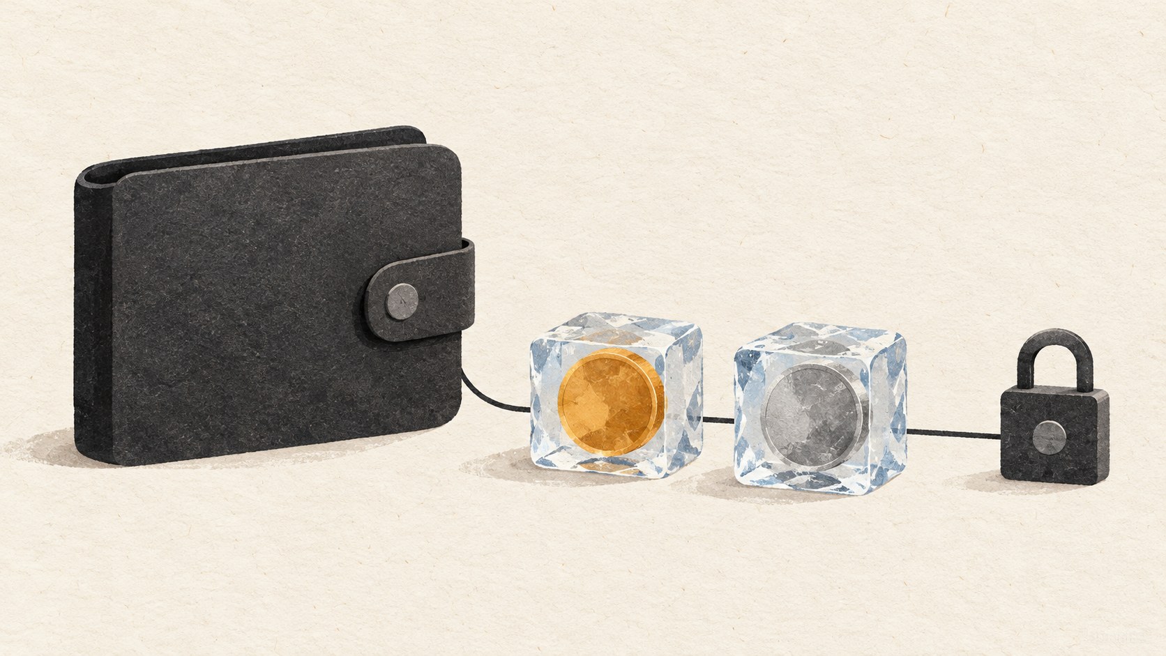 Illustration of a plain wallet, two tokens encased in ice and a closed padlock.