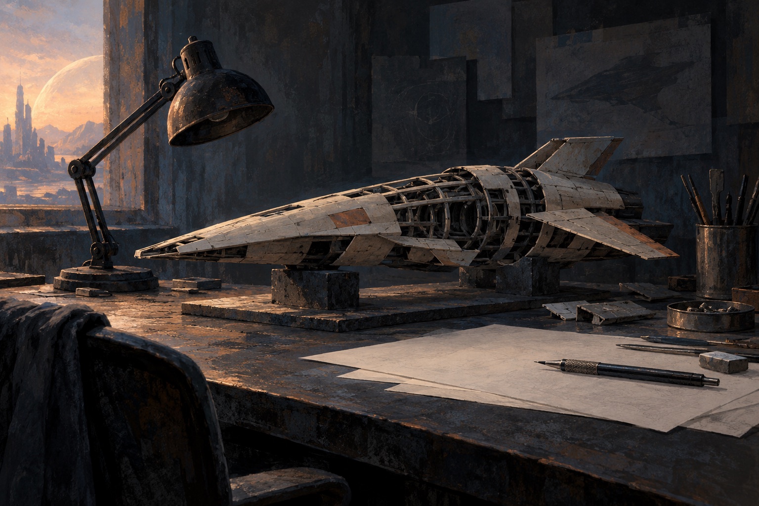 Conceptual illustration of an unfinished imaginary spacecraft model on a quiet design workbench.