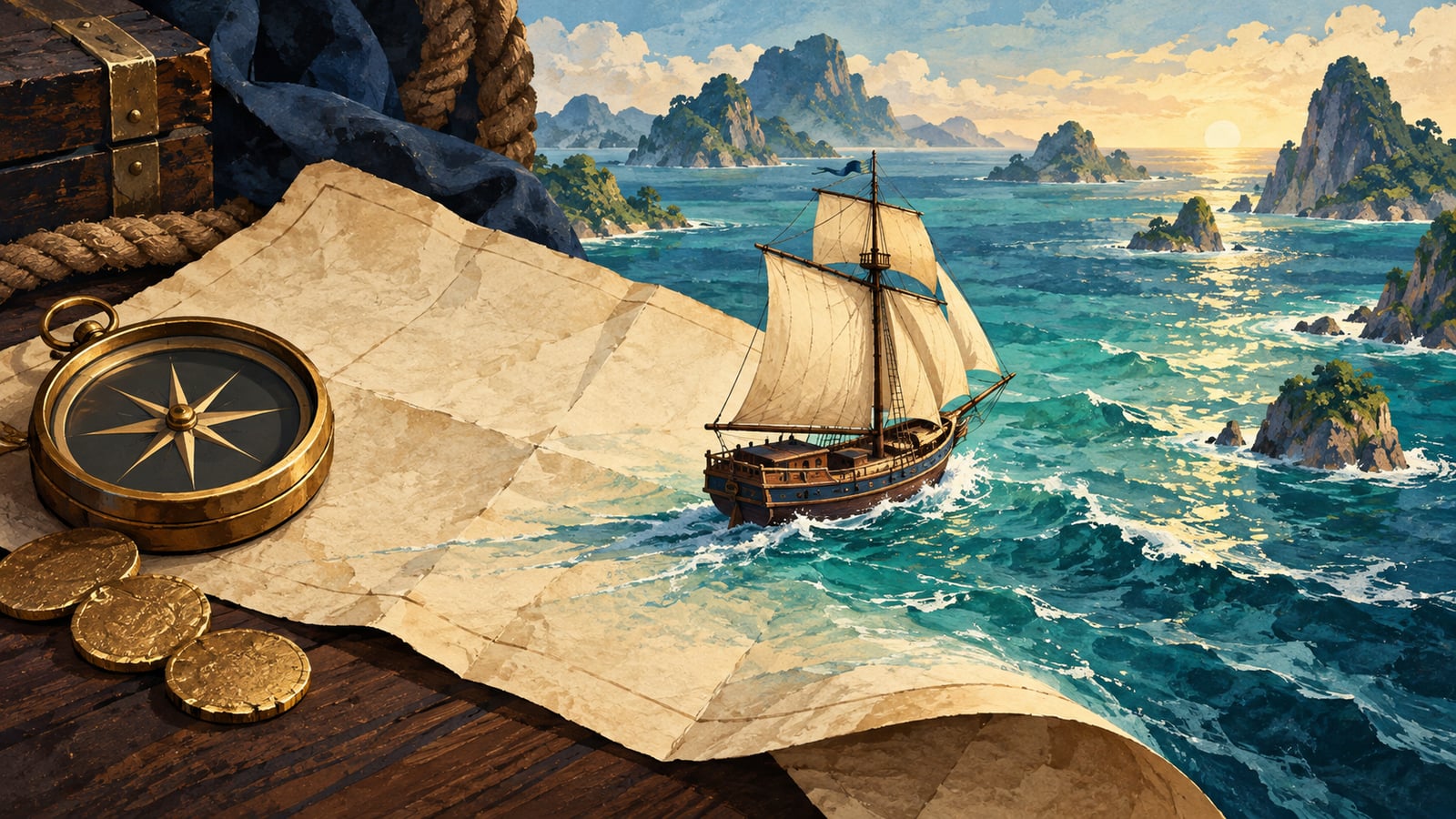 Illustration of a sailing ship, an unmarked compass and coins on a chart becoming an open sea.