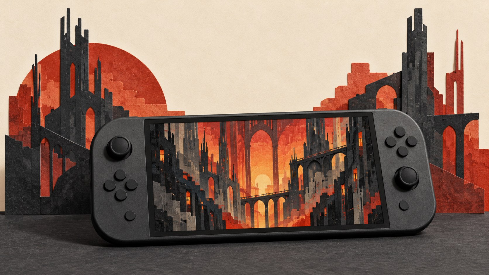 Illustration of an unbranded handheld console displaying invented gothic arches and towers in red and orange, against layered paper architecture.