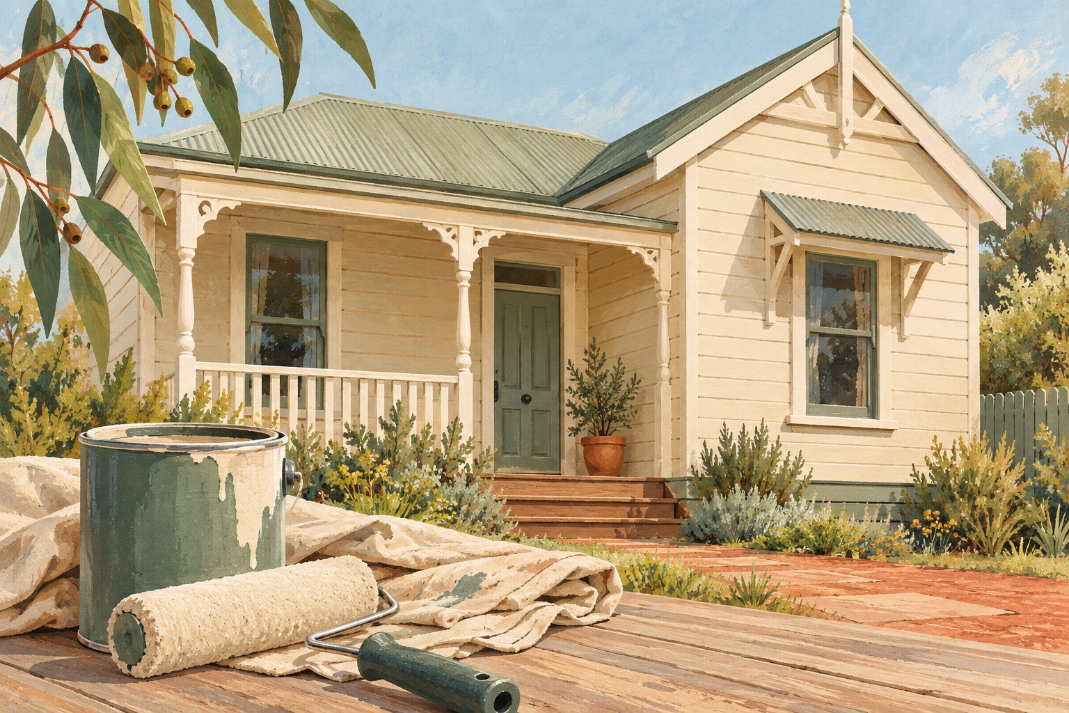 Illustration of a weatherboard house with a verandah, a paint tin, a roller and a drop cloth beneath eucalyptus leaves.