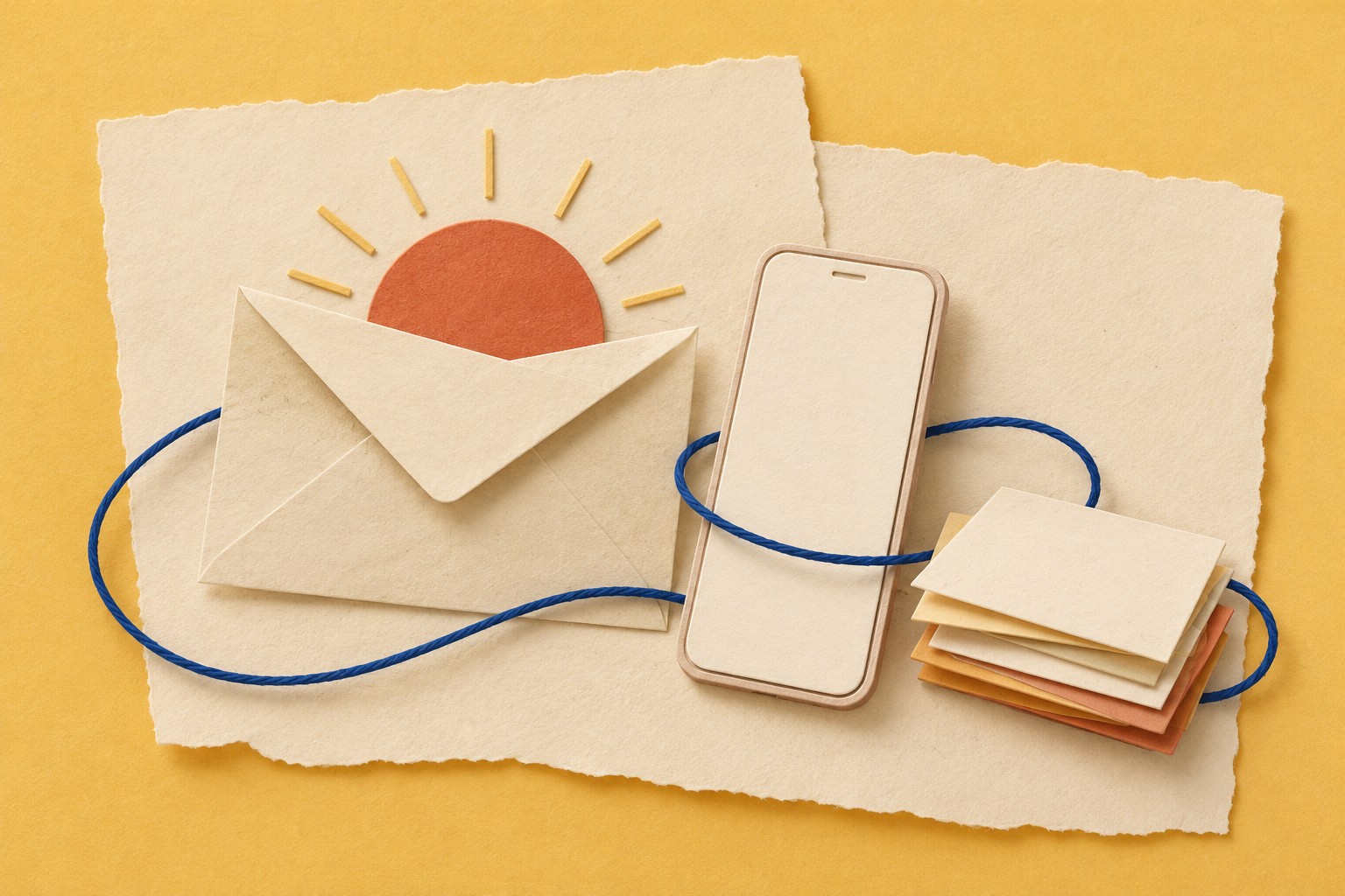 Paper collage of a blank phone, an envelope, a rising sun and task cards connected by blue thread.