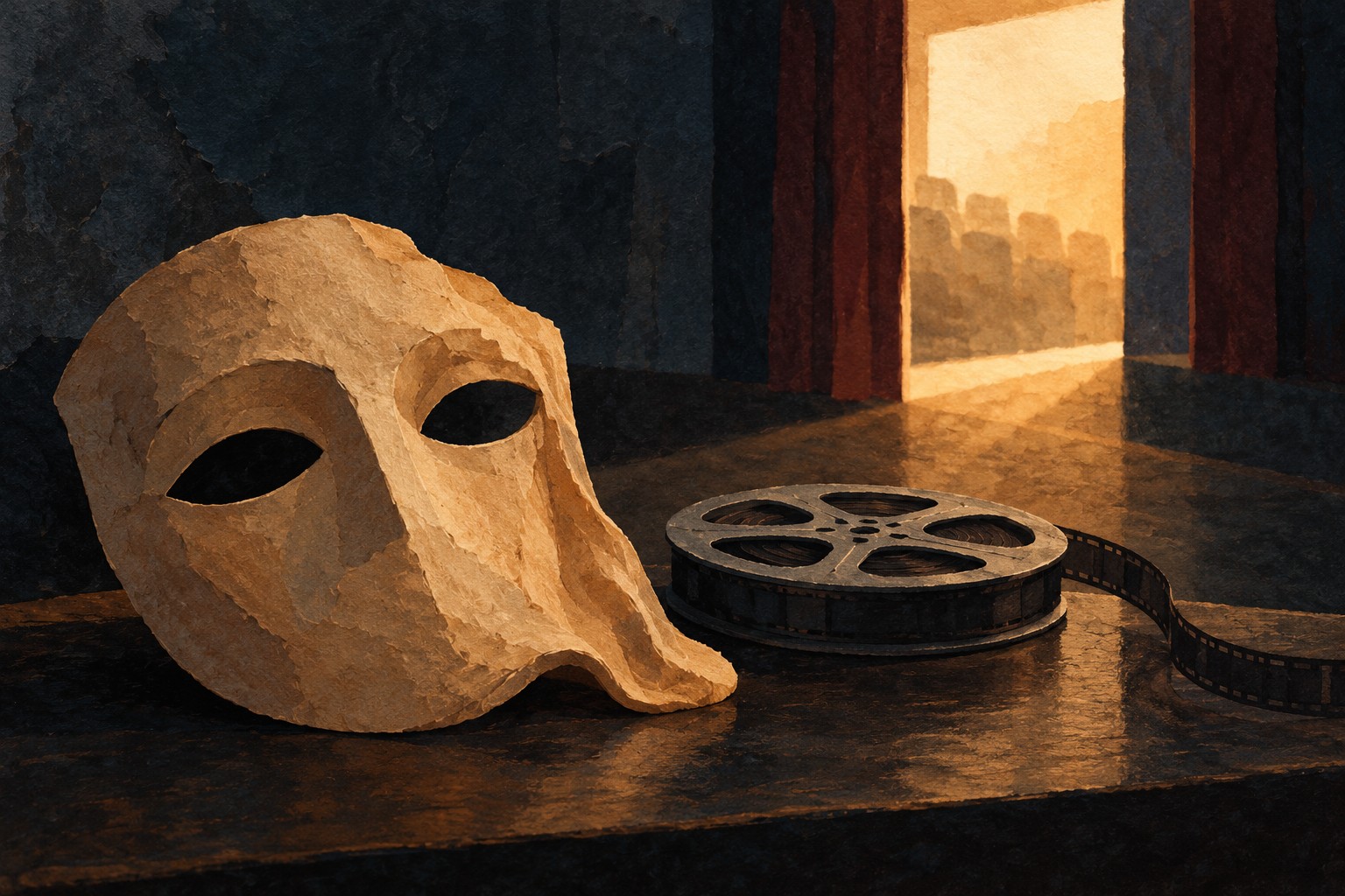 Gouache-style illustration of a clay theatrical mask and film reel beside a warmly lit cinema doorway.