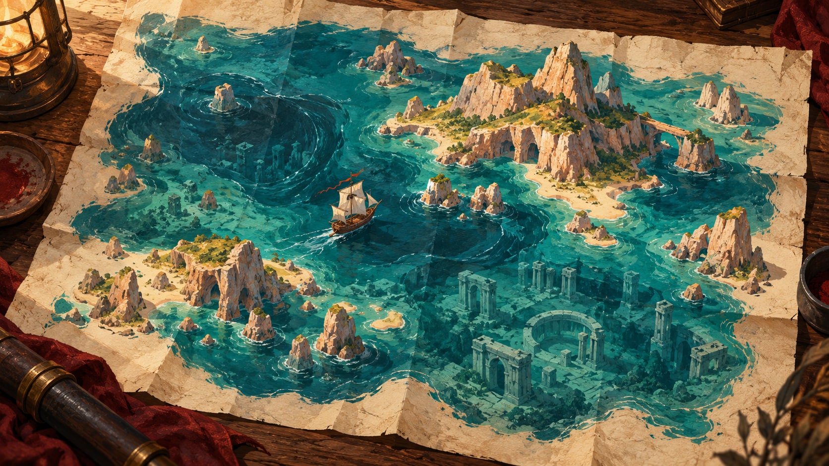 Ilustración de una carta náutica imaginaria con islas, un velero y ruinas submarinas sobre una mesa de madera.