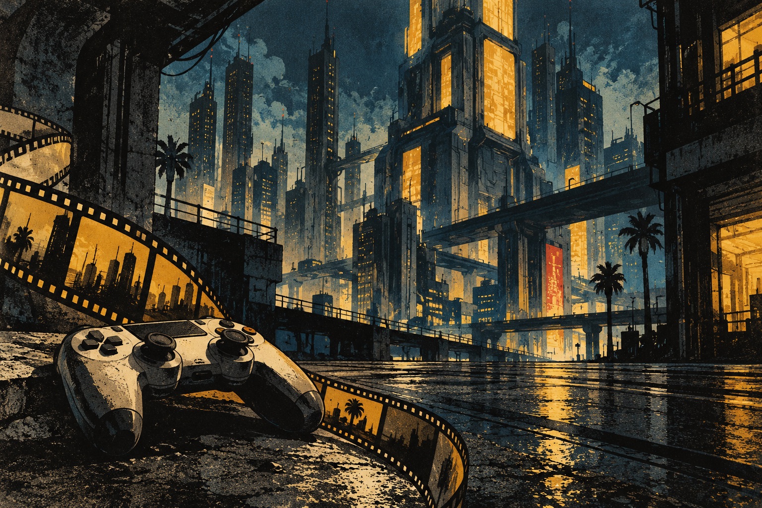 Screenprint-style illustration of a futuristic city with a film strip and game controller.