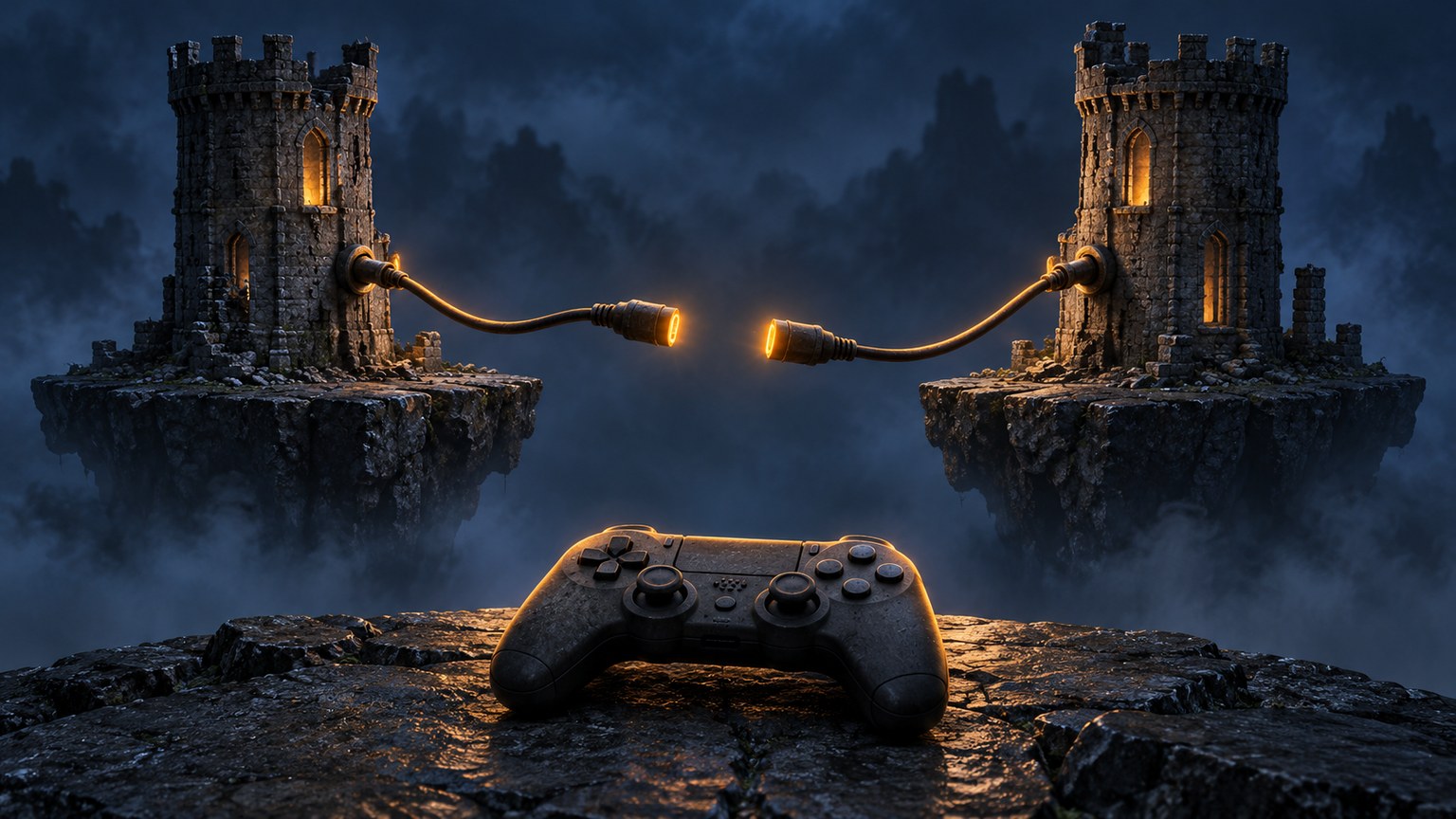 Conceptual illustration of two stone towers with a disconnected amber cable between them and a blank game controller in the foreground.