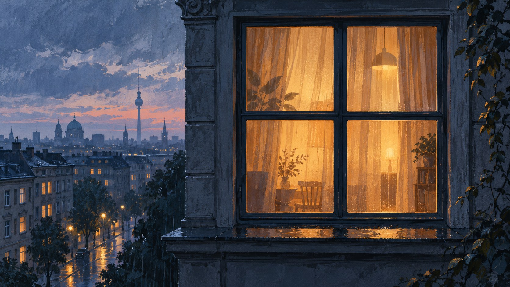 Illustration eines warm beleuchteten Fensters mit vier Scheiben vor einer regennassen Berliner Stadtkulisse in der Abenddämmerung.