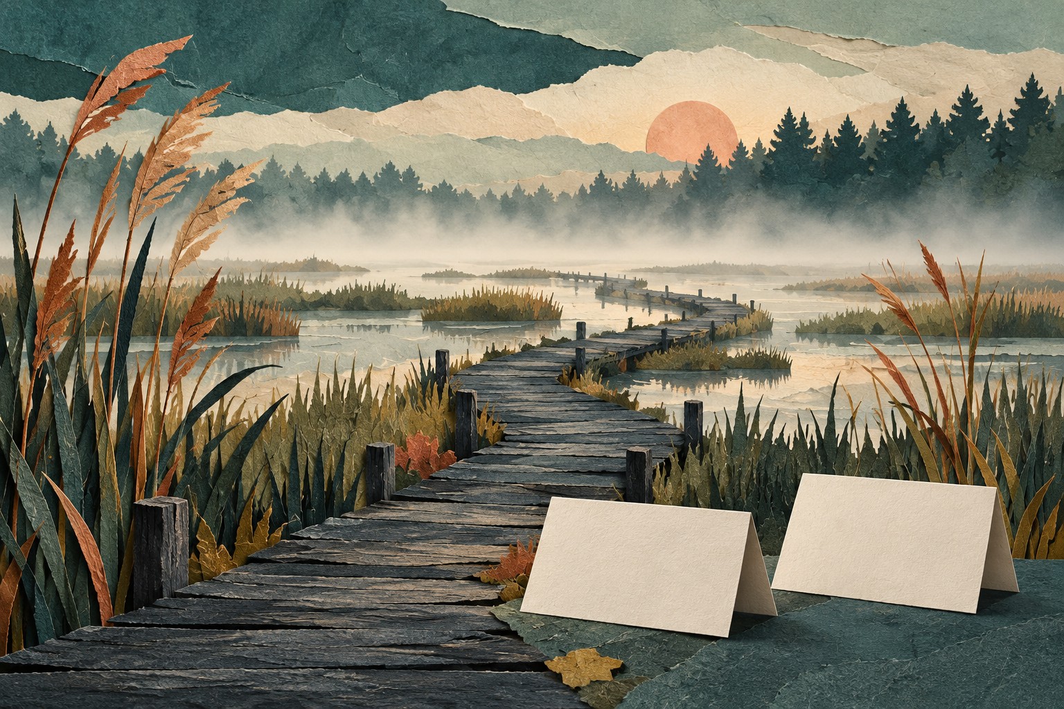 Papiercollage mit einem Holzsteg durch ein nebliges Moor und zwei unbeschrifteten Faltkarten im Vordergrund.