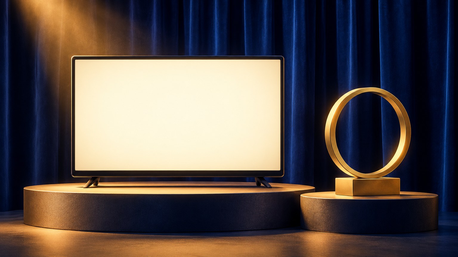 Conceptual illustration of a blank television screen and a simple golden ring sculpture in front of blue stage curtains.