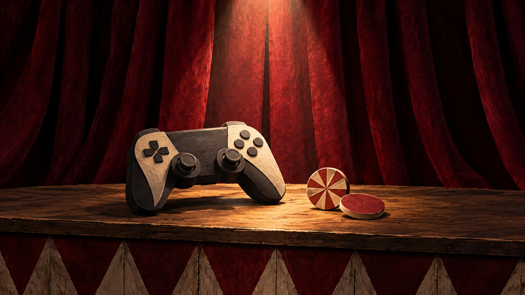 Illustration of an unbranded game controller and two paper tokens on a wooden counter before a closed red curtain.