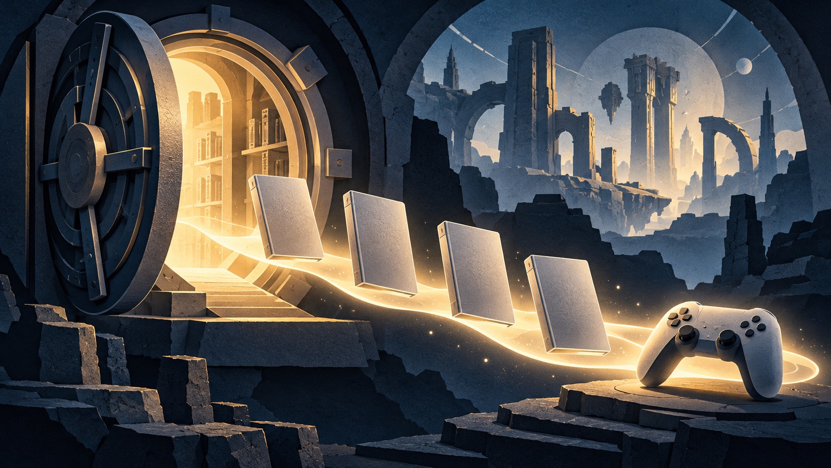 Illustration of blank game cases emerging from an open archive vault toward an unbranded controller, with imaginary science-fiction ruins behind them.