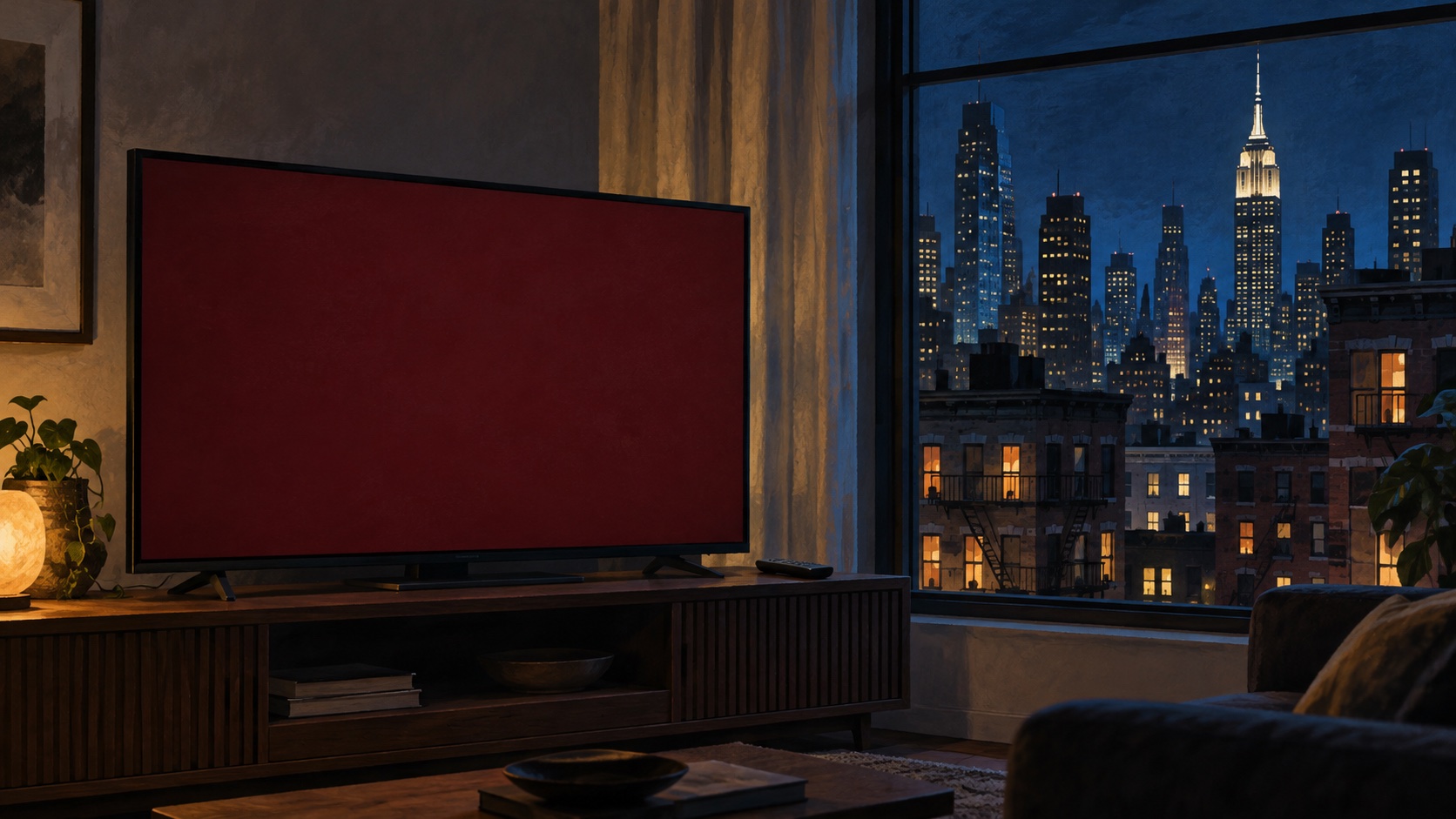 Illustration of a television with a blank burgundy screen and a remote beside a window overlooking a city at night.
