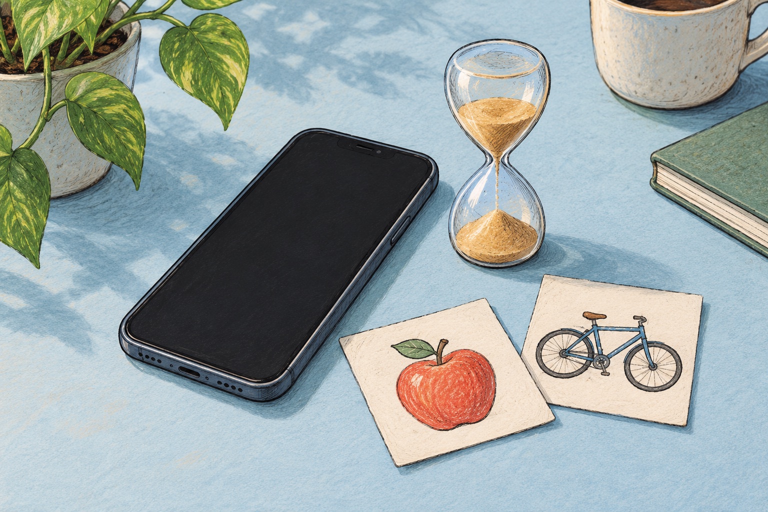 Ink and pastel illustration of a blank phone, an hourglass and picture cards for language practice.