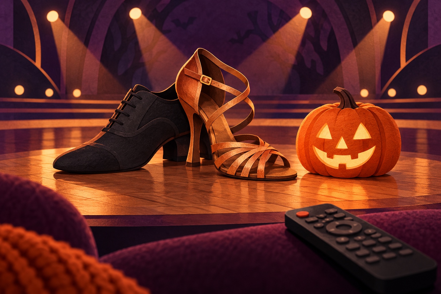 Illustration of ballroom dance shoes and a carved pumpkin on a wooden floor, with a remote and stage lights.