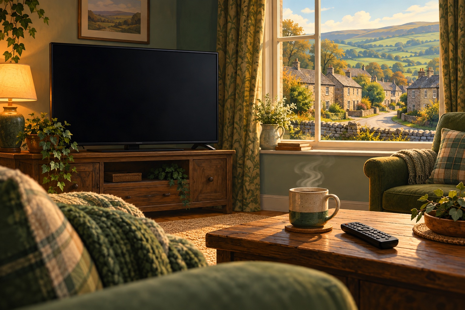 Illustration of a blank television, a remote and a mug in a living room overlooking stone village houses and green hills.