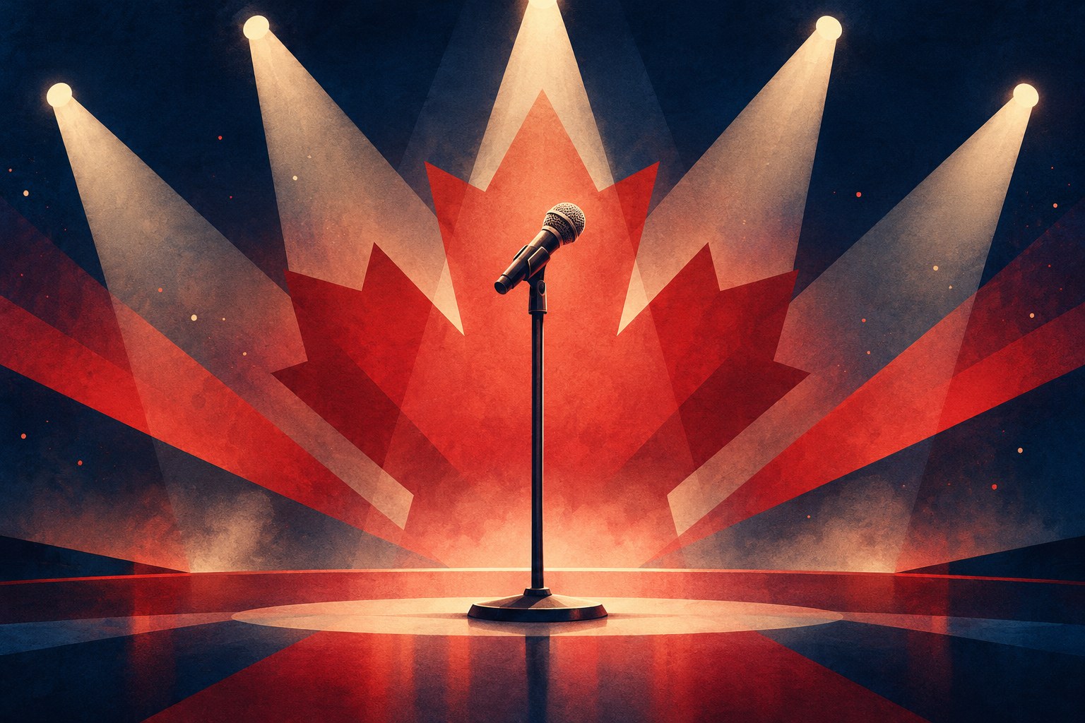 Illustration of a microphone under stage spotlights, with a red maple leaf shape against a dark blue background.