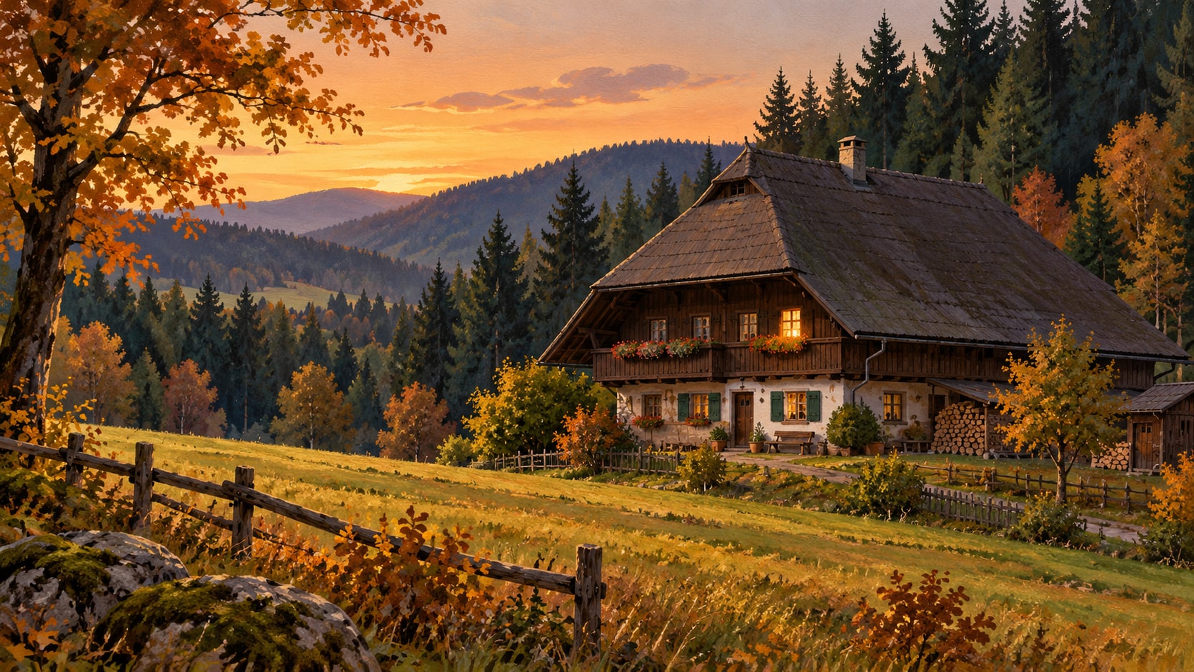 Illustration eines erfundenen Bauernhauses auf einer Herbstwiese am Waldrand im Schwarzwald, mit einem beleuchteten Fenster.
