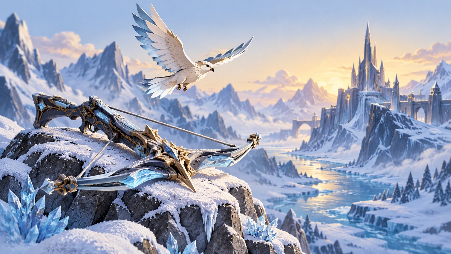 Conceptual illustration of a crossbow on a snowy rock, a pale bird and an imagined icebound citadel.