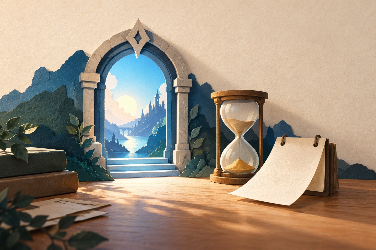 Paper-collage illustration of a fantasy doorway, an hourglass and a blank desk calendar with a page turned forward.
