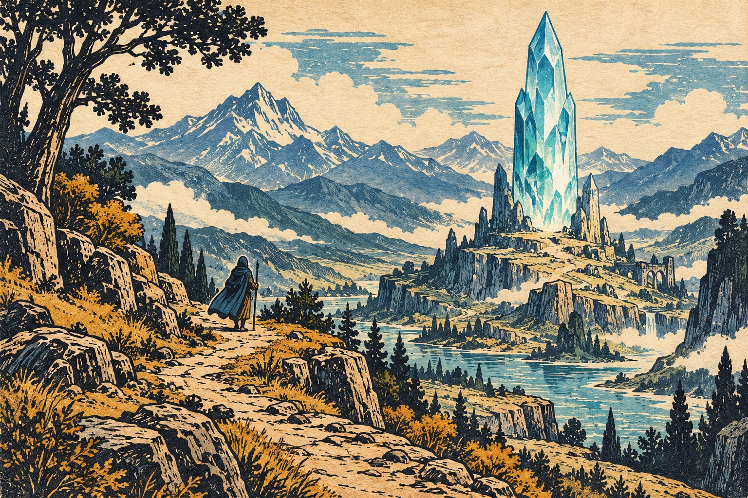 Druckgrafische Illustration eines blauen Kristalls über einem erfundenen Tal, mit einer kleinen verhüllten Wanderfigur auf einem Pfad.