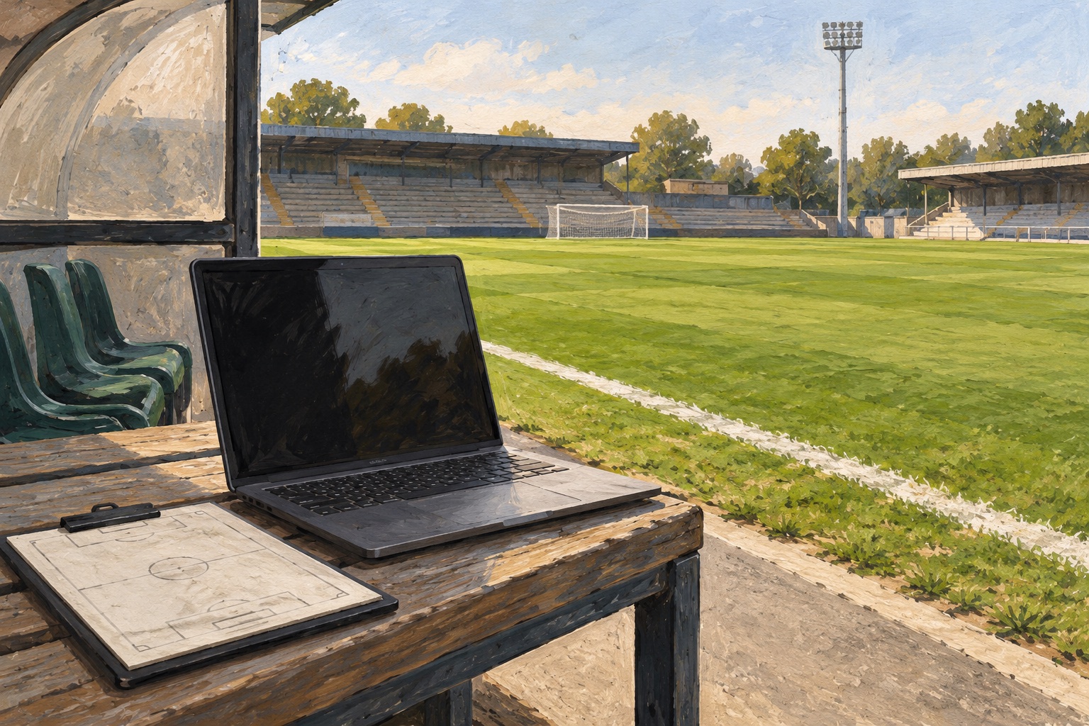 Painted illustration of a laptop and tactics clipboard beside the touchline of an empty football ground.