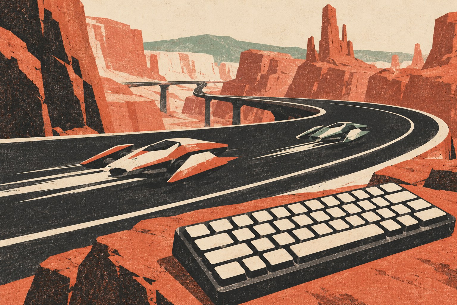 Print-style illustration of two imaginary racing craft on a canyon track with a blank keyboard in the foreground.