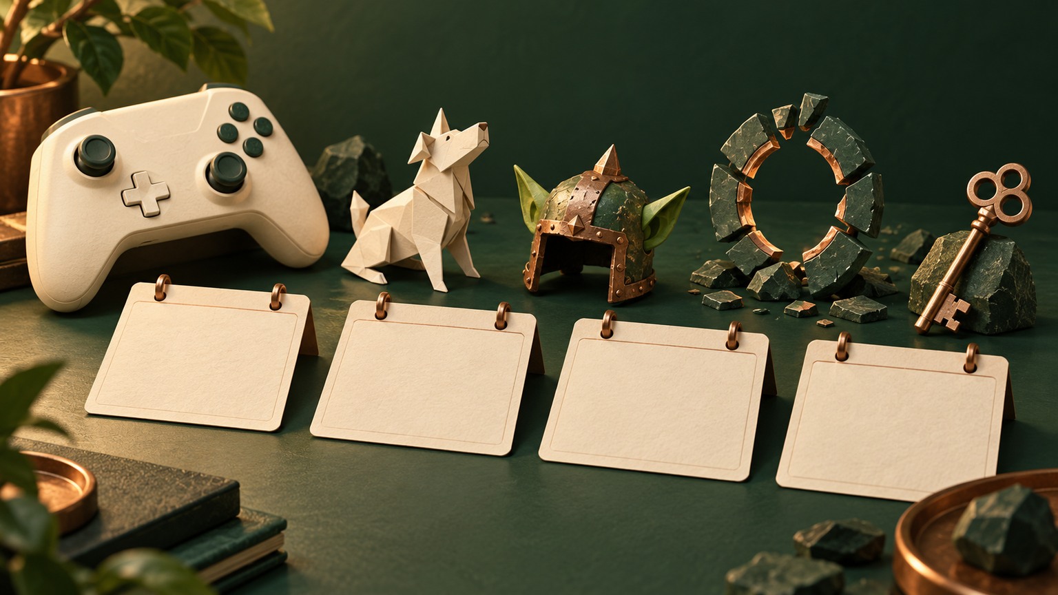 Conceptual illustration of an unbranded controller and four blank calendar cards beside a paper dog, fantasy helmet, broken ring and school key.