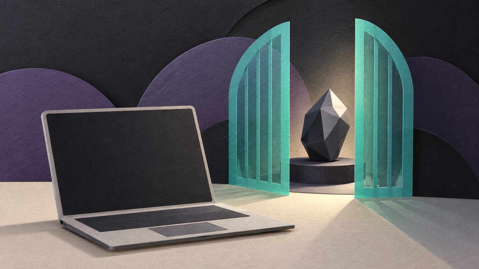 Illustration of a faceted graphite crystal behind open teal gates, with an unbranded laptop and blank screen in the foreground.