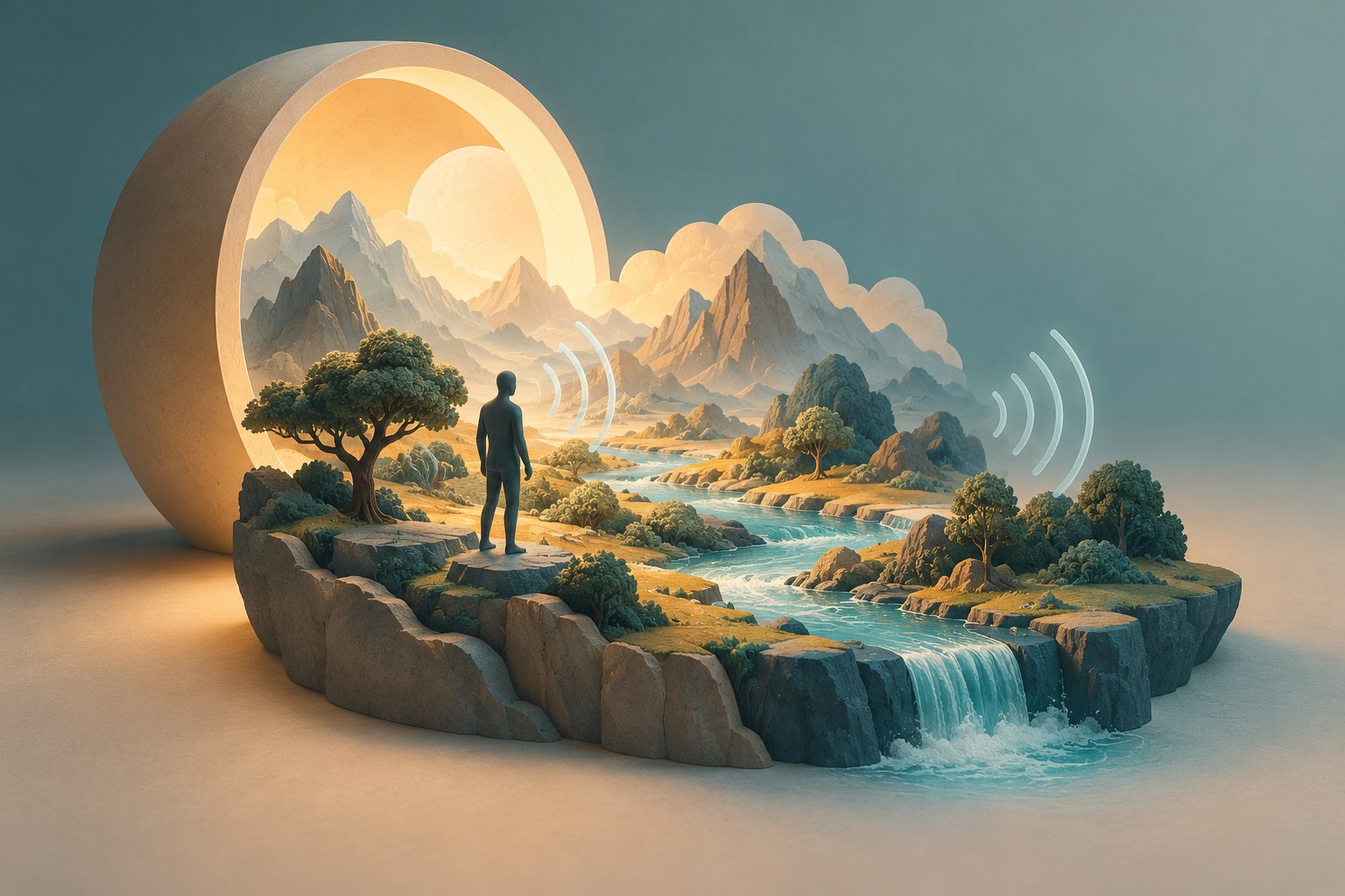Conceptual illustration of a small landscape and faceless figure emerging from a glowing portal with sound waves.