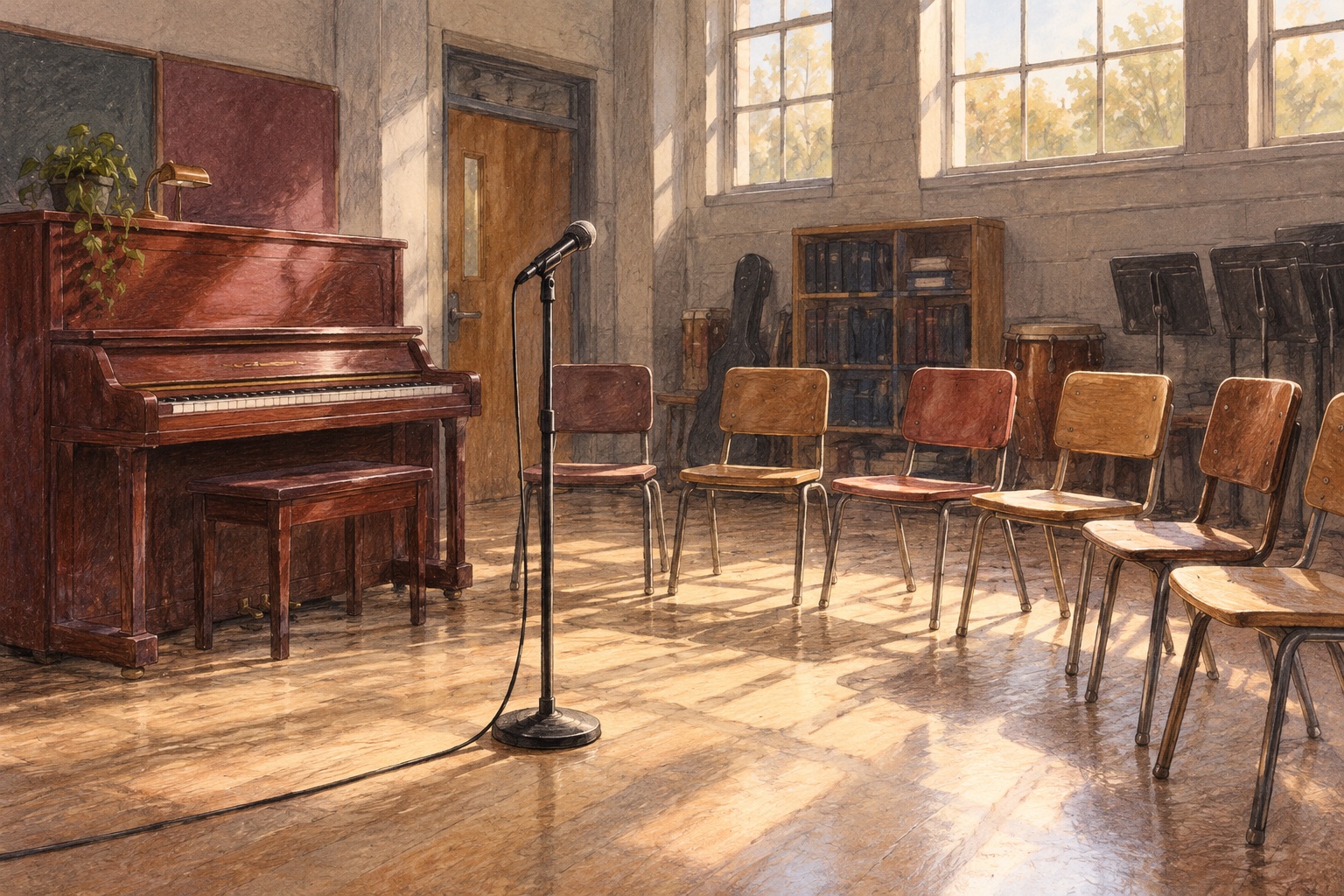 Watercolor illustration of an empty rehearsal room with a piano, wooden chairs and microphone.