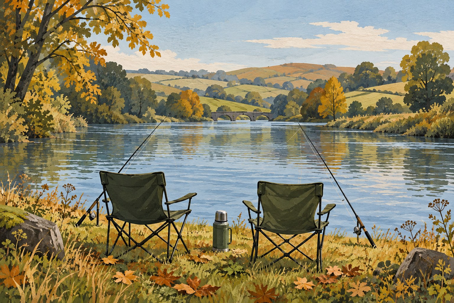 Illustration of two empty fishing chairs, rods and a flask beside a quiet river in an autumn landscape.