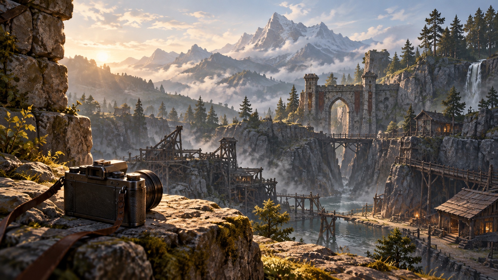 Illustration einer Kamera auf einer Steinmauer vor einem mittelalterlichen Tal mit einem Tor und nebligen Bergen.
