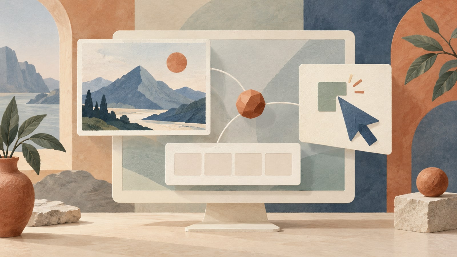 Illustration of a monitor linking a painted picture, blank writing blocks and a large pointer.